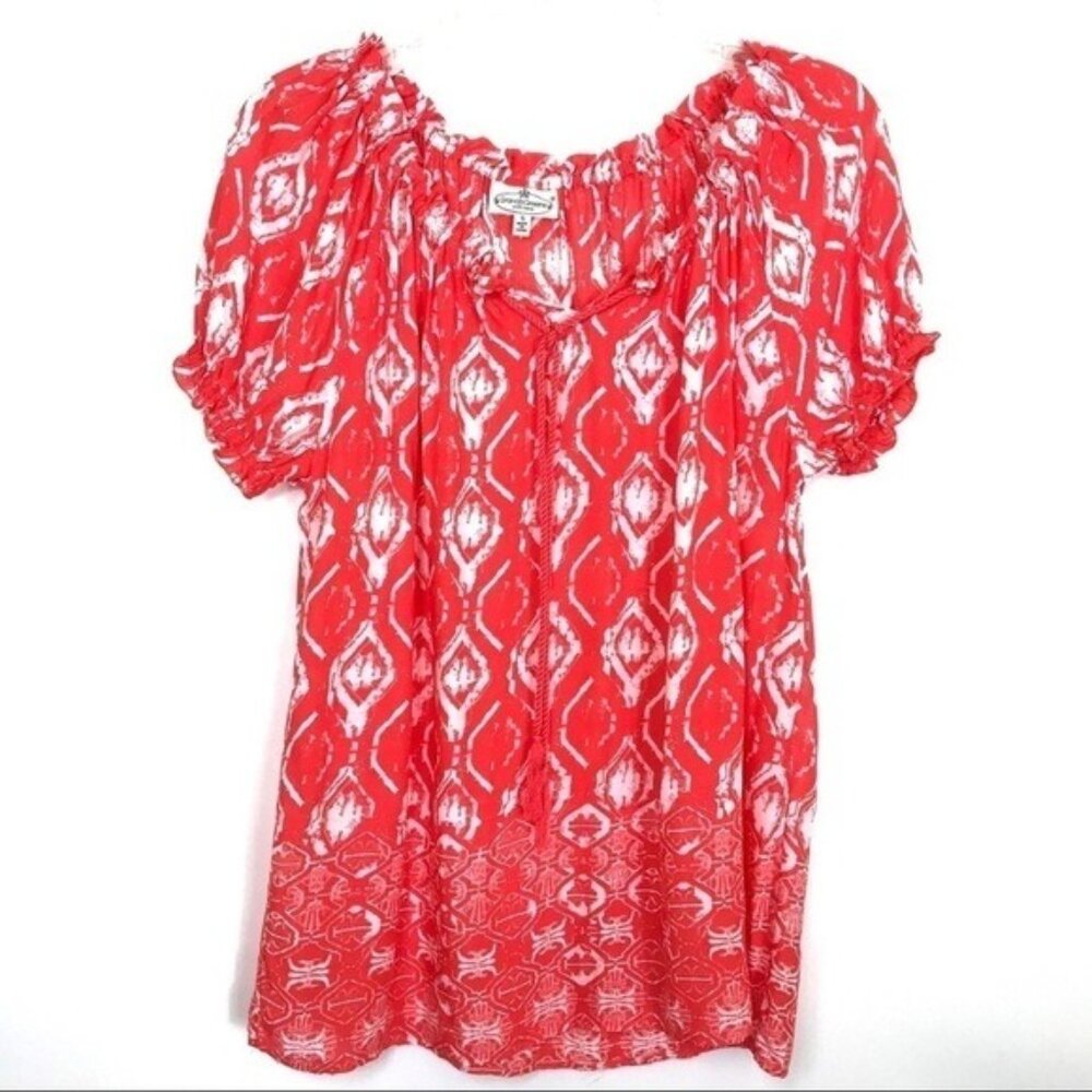 Grand & Greene Blouse Women S Orange White Ikat Spring Summer Peasant Boho Flowy